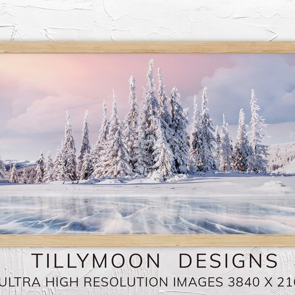 Christmas Frame TV Art Gorgeous Winter Scene Snow Forest Frozen Lake Pink Sky Winter Landscape for Samsung Frame TV