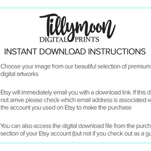 May include: A white background with black text that reads "Tillymoon Digital Prints" and "Instant Download Instructions".  The text describes how to download digital artwork purchased from Etsy.
