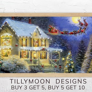 Samsung Frame TV Art Christmas Night Santa Reindeer Sleigh Vintage Art for the Frame TV, 4K Digital TV Art