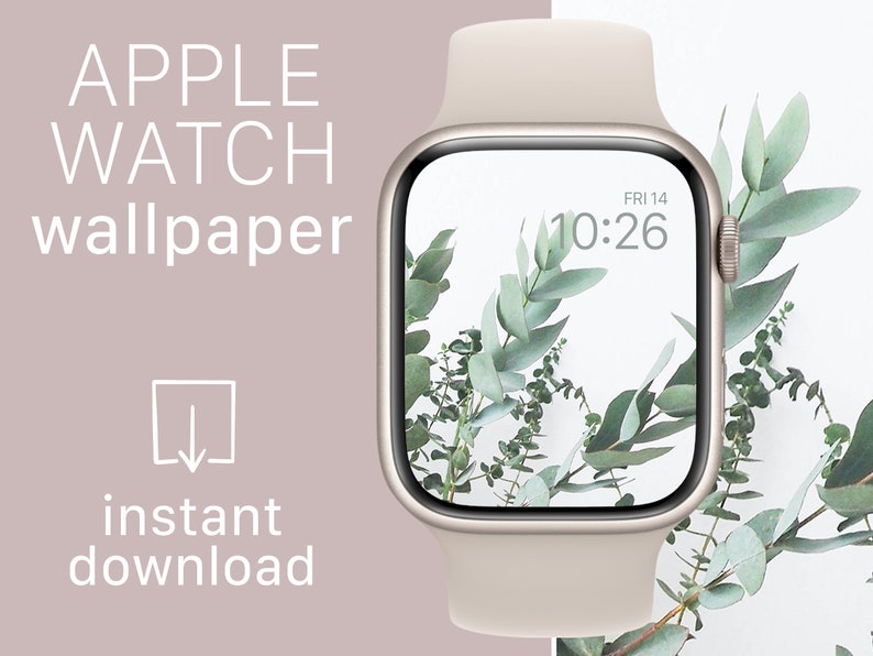 May include: A white Apple Watch with a light brown band displays a green foliage wallpaper with the time 10:26 and the date FRI 14.