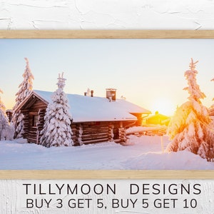 May include: A wooden cabin covered in snow sits in a snowy forest with tall pine trees covered in snow. The sun is setting in the background, casting a warm glow on the scene.