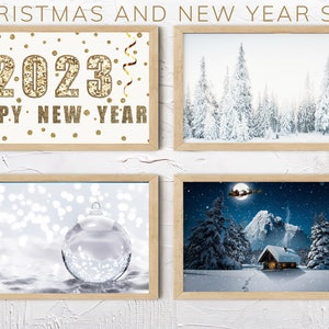 Frame TV Art Christmas New Year, Bestselling Samsung TV North Pole, Silver Bauble, Snow Covered Forest and 2023 Happy New Year in Glitter