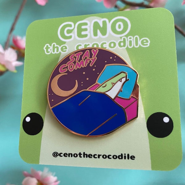 Stay Comfy Ceno the Crocodile Enamel Pin — Sleepy Crocodile Pin — Rose Gold Hard Enamel Pin — Ceno Lapel Pin