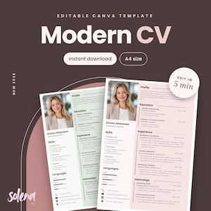May include: An editable A4 size Modern CV Canva template featuring two document layouts with a profile photo, sections for education, experience, skills, and languages, with text including Modern CV, Instant download, and Edit in 5 min.