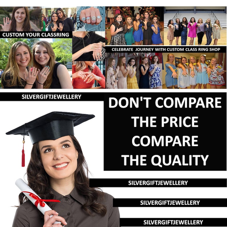 Op de afbeelding: Een collage van afbeeldingen met een graduatiecap, een diploma en een groep mensen die klasringen dragen. De tekst "Vergelijk niet de prijs, vergelijk de kwaliteit" wordt in vetgedrukte letters weergegeven. De tekst "Silvergiftjewellery" wordt ook meerdere keren weergegeven.