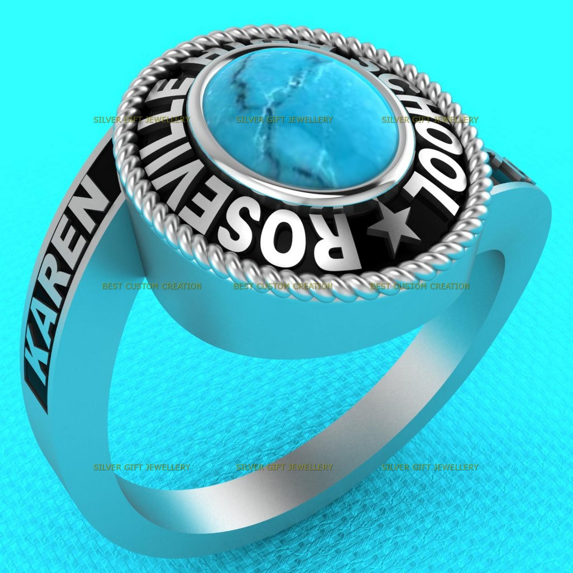 Custom Silver925 Turquoise Class Ring Personalized Graduation Ring with Custom Engraving