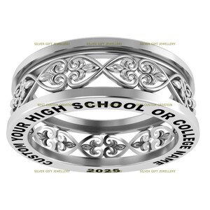 May include: Silver ring with a decorative filigree design and the text "Custom Your High School or College Name 2025".