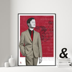May include: A red and white poster with a black frame featuring a black and white illustration of a man in a suit and tie. The poster has text that reads "Organisation Kraftwerk Kraftwerk Kraftwerk2 Ralf und Florian Autobahn Radio-Aktivitat Europa Express Mensch Maschine Computerwelt Electric Cafe The Mix Tour de France Mum-Maximum Ralf Hutter Kraftwerk".
