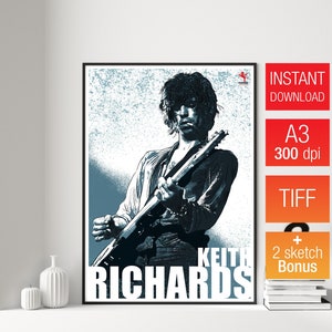 Keith Richards Digital Poster, 42x30, 1960s 1970s Music Print rock music, blues music poster, Illustration music poster Rolling Stones