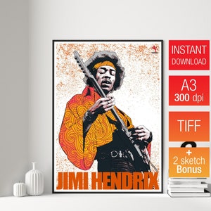 Jimi Hendrix Print Poster, Digital Poster, 42x30, 1960s 1970s Music Print American rock music, Illustration music poster, guitar hero