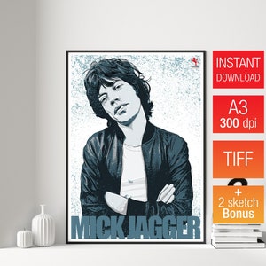 May include: A digital illustration of Mick Jagger, the lead singer of the Rolling Stones, in a blue jacket and white t-shirt. The image is in a blue and white color scheme with a grainy texture. The text "Mick Jagger" is printed below the image.