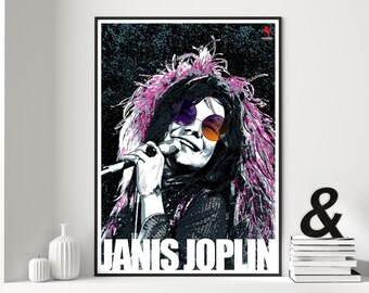 ジャニス・ジョプリンのプリントポスター、1960年代、1970年代の音楽プリント、アメリカンロックミュージック、ブルースミュージックポスター、イラストミュージックポスター、ヒッピーミュージック