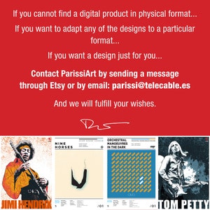 May include: A red background with white text offering custom design services. Below are four music posters featuring Jimi Hendrix, Nine Horses, Orchestral Manoeuvres in the Dark, and Tom Petty. Contact information is provided.