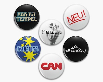 Collection of 6 Krautrock band badges. Series 01. Can, Cluster, Neu!, Faust, Ash Ra Tempel, La Düsseldorf. Gift for music lovers. ø44mm.