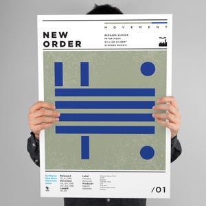 以下が含まれることがあります： 黒色の「NEW ORDER」というバンド名が書かれたポスター。青とグレーの幾何学模様のデザイン。ポスターにはバンドメンバーの名前と「MOVEMENT」という文字が含まれています。ポスターにはアルバムの詳細も含まれています。
