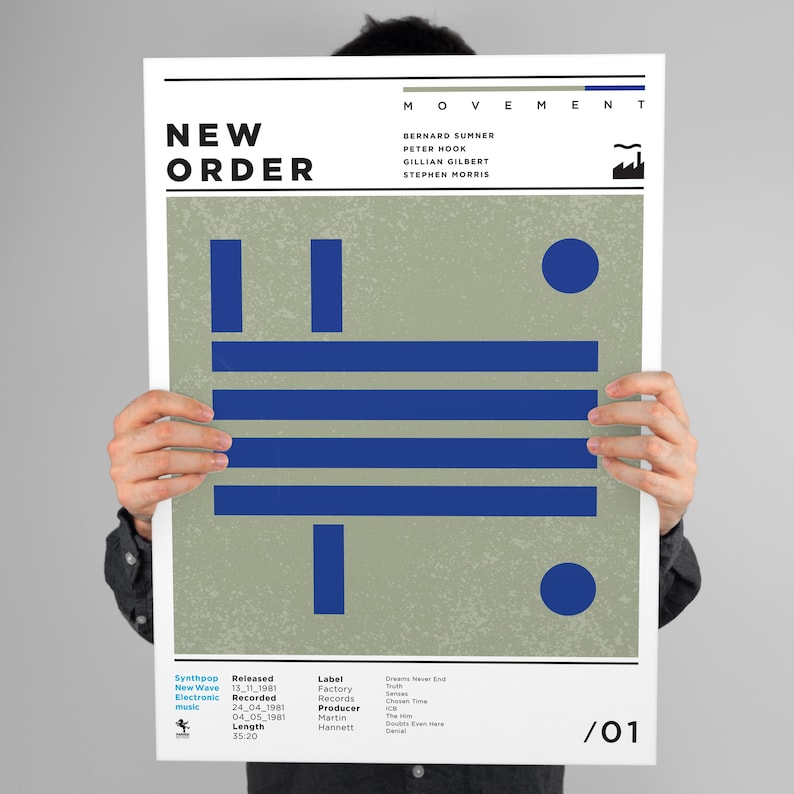 以下が含まれることがあります： 黒色の「NEW ORDER」というバンド名が書かれたポスター。青とグレーの幾何学模様のデザイン。ポスターにはバンドメンバーの名前と「MOVEMENT」という文字が含まれています。ポスターにはアルバムの詳細も含まれています。