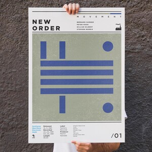 以下が含まれることがあります： 「NEW ORDER」のバンド名が黒い太字で書かれたポスター。ポスターは、明るい緑色の背景に青色の幾何学模様が特徴です。バンドメンバーの名前とアルバムの詳細が記載されています。