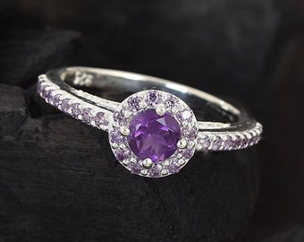 Purple Amethyst Bridal Ring, Amethyst Wedding Ring, Halo Bridal Ring with Solitaire Wedding Band, Color Engagement Ring Promise Ring For Her