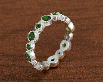 Chrome Diopside Ring, Chrome Ring, Emerald Eternity Ring, Full Eternity Ring, Green Diamond Band, Diopside Ring, Vintage Ring, Silver Ring