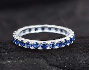 Sapphire Ring, Sterling Silver Blue Sapphire Eternity Band Ring, 3mm Eternity Ring, Stackable Ring, September Birthstone Ring, Sizes 3-14