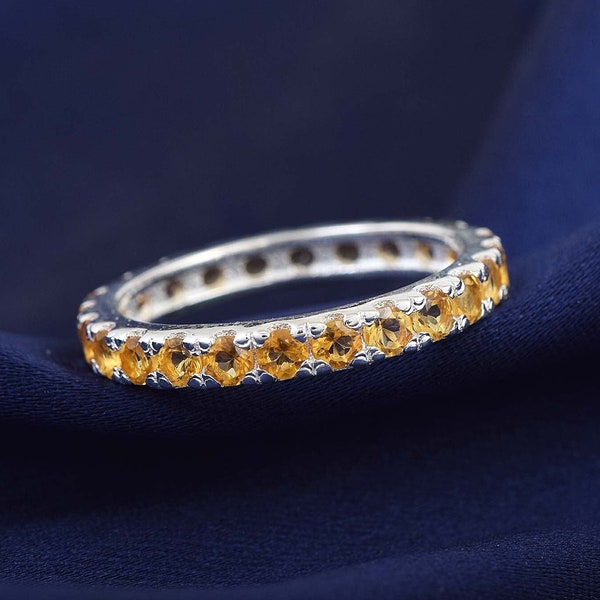 Citrine Wedding Ring Yellow Citrine Ring Full Eternity Band Rose Gold Plated Sterling Silver Stackable Band Anniversary Ring, valentine gift