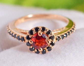 Natural Red Garnet Wedding Ring For Her, Bridal Ring, Antique Vintage Art deco Round Red Stone Ring, January Birthstone Gift For Women