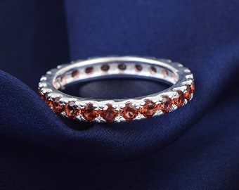 Full Eternity Garnet Band Ring, Sterling Silver Dainty Garnet Ring, January Birthstone Ring, Friendship Ring, Wedding Engagement Ring