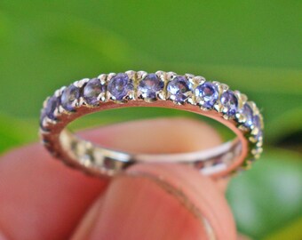 14K White Gold Tanzanite Ring, Tanzanite Wedding Band, Micro Pave full Eternity Band, Anniversary Band, Stackable December Birthstone Ring