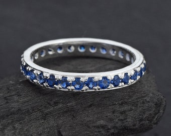 Sapphire Ring, Full Eternity Stackable Band Ring Blue Sapphire Ring Sterling Silver Ring Wedding Band, Eternity Band September Birthstone