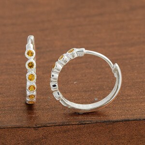 Six Stones Citrine Hoop Earrings, Citrine Huggie Earrings, November Birthstone Earrings, Sterling Silver Huggie Hoops, Minimal Hoop Earring