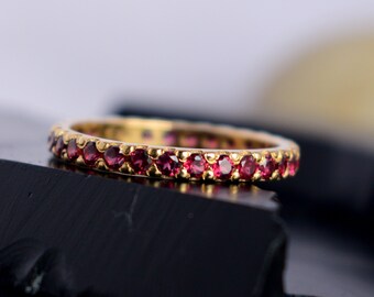 Dark Pink Sapphire Eternity Ring, Half or Full Eternity 925 Sterling Silver, Wedding Band, Stacking Ring, Yellow Solid Gold Plated