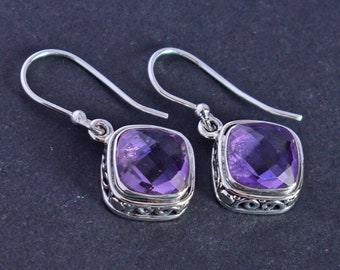 Amethyst Earrings, February Birthstone, Purple Amethyst Silver Dangle Earrings, Purple Amethyst Gemstone Artisan Drop Earrings Jewelry Gifts