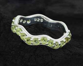 Peridot Engagement Wedding Ring Half Eternity Diamond Stack Band Sterling Silver Anniversary Ring Bridal Birthstone Ring Gift For Her