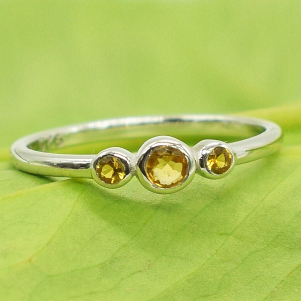 Dainty Silver Citrine Ring, Minimalist Silver Ring, Three Stone Ring, Womens Promise Ring, Womens Citrine Ring, Yellow Stone Ring