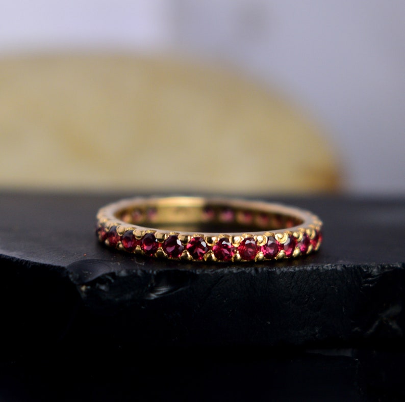 Dark Pink Sapphire Eternity Ring, Half or Full Eternity 925 Sterling Silver, Wedding Band, Stacking Ring, Yellow Solid Gold Plated image 4