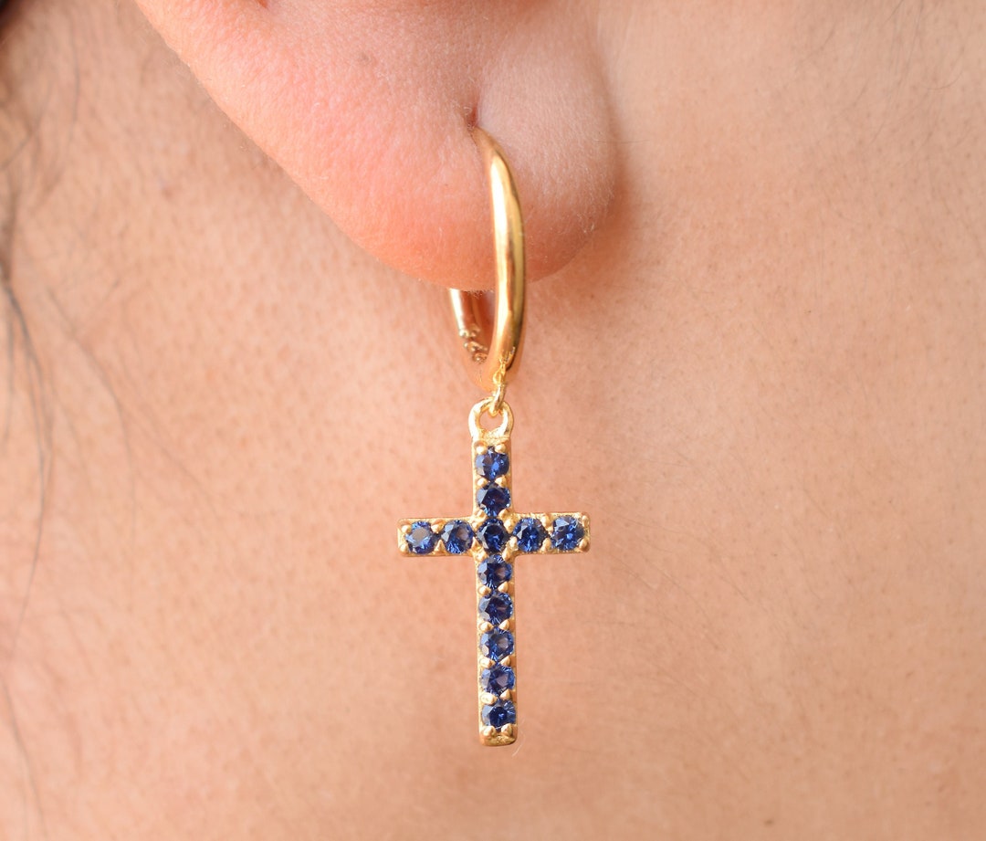 Cross Hoop Earring, Birthstone Hoop Earrings, Cross Charm Huggie Hoop Earrings, 925 Sterling