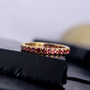 Dark Pink Sapphire Eternity Ring, Half or Full Eternity 925 Sterling Silver, Wedding Band, Stacking Ring, Yellow Solid Gold Plated image 7