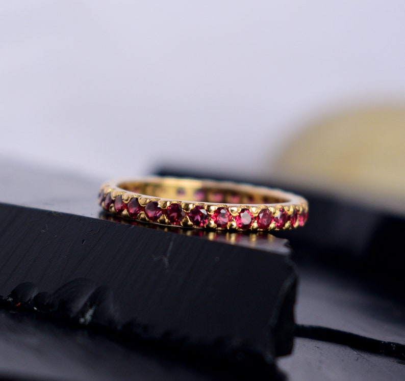 Dark Pink Sapphire Eternity Ring, Half or Full Eternity 925 Sterling Silver, Wedding Band, Stacking Ring, Yellow Solid Gold Plated image 1