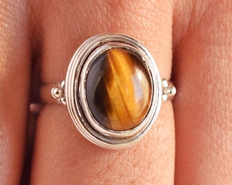 Tiger Eye Statement Ring, Brown Gemstone Ring, Shiny Silver Ring, Minimalist Ring, Boho Ring, Mothers Day Gift for Her, Anniversary Gift