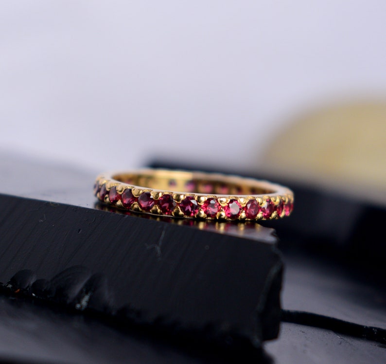 Dark Pink Sapphire Eternity Ring, Half or Full Eternity 925 Sterling Silver, Wedding Band, Stacking Ring, Yellow Solid Gold Plated image 3