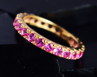 Pink sapphire eternity ring, pink souffle sapphire ring, yellow gold plated over sterling silver, stack ring, yellow gold wedding ring