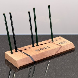 Pen holder pen stand made of solid oak wood + personalized laser engraving! Office organizer wood pen holder desk organizer