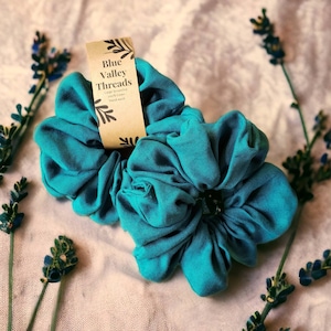 Natural Linen Scrunchie, Oversized Soft Blue-Green Hair Tie, Large Woven Hair Elastic, Handmade Gentle Ponytail Holder