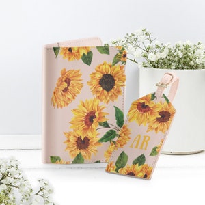 Zonnebloem paspoorthoes bloemen ID-houder monogram bagagelabel gepersonaliseerde bagagelabel leren documentenkoffer reisset cadeau vriend RE0029