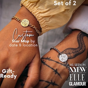 Set van 2 armbanden met sterrenkaart, Night We Met-armbanden voor stel, gepersonaliseerde sieradencadeau, nacht, ik zei dat ik doe, gegraveerde jubileumarmband