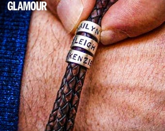 Bracelet en cuir tressé pour homme personnalisé, bracelet pour papa avec noms d'enfants, bracelet en cuir gravé pour homme, bracelets de perles personnalisés pour homme