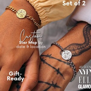 Ensemble de bracelets assortis carte des étoiles personnalisé par date pour couples, bracelets meilleur ami, cadeau de premier anniversaire, cadeau interurbain pour petite amie