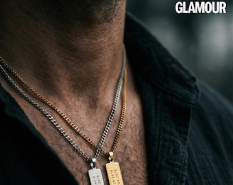 18k Real Gold Engraved necklace husband anniversary gift for him- Waterproof - Long Distance Necklaces,Coordinate Gift mens pendant necklace
