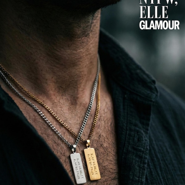 18k Real Gold Engraved necklace husband anniversary gift for him- Waterproof - Long Distance Necklaces,Coordinate Gift mens pendant necklace