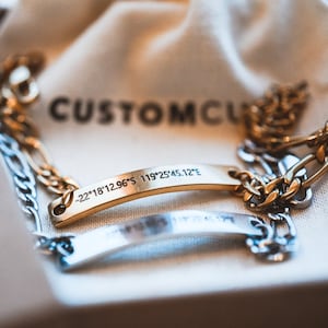 Custom Bracelet, Coordinate Bracelet, Figaro Chain Bracelet, Anniversary Gift, Engraved Bracelet, Couples Bracelet, Initial Name Bracelet